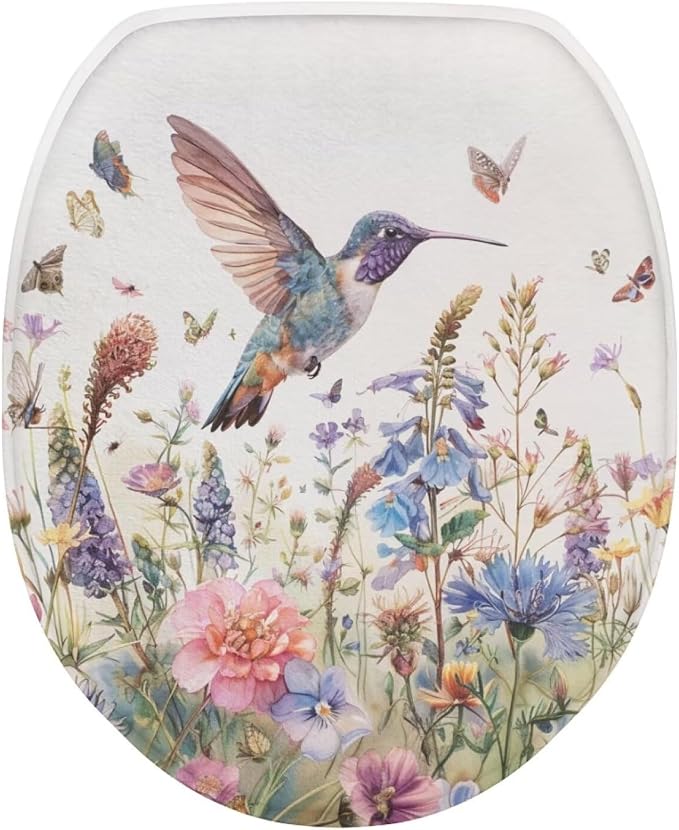Hummingbird Oblong Toilet Seat Cover Floral Fuzzy Toilet Seat Cover Soft Toilet Seat Cover Toilet Lid Covers for Bathroom Decor