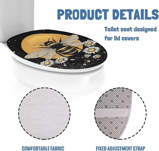 Bee Toilet Seat Cover for Bathroom Bee Moon Toilet Seat Pads Dust Cover Reusable Replacement Fabric Elastic Universal Fit Elongated Oval Round Lid,Easy to Clean
