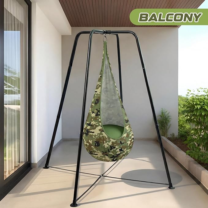 Sensory Swing Stand Frame with Pod Chair and Swings Set Kid Heavy Duty Metal Swing Stands Autism Hammock Chair Stand Tree Saucer Round for Kid Adult Indoor Outdoor Backyard Park(Camo Color)