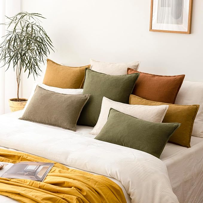 Foindtower Pack of 2, Decorative Linen Solid Throw Pillow Covers Soft Accent Cushion Case Boho Farmhouse Pillowcase for Chair Couch Sofa Bedroom Living Room Home Decor 20 x 20 Inch Olive Green