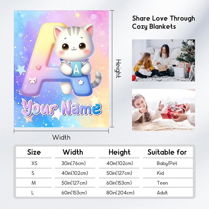 Custom Kids Blanket with Name, Cat Blankets Gifts for Girls Boys, Personalized Initial Throw for Daughter Son, 60"x80" Throws Monogram Gift for Bed, Living Room