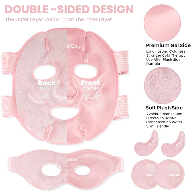 RelaxCoo Ice Face Eye Mask for Dark Circles and Puffiness Cold Warm Compress, Gel Cold Cooling Face Mask Package for Women and Men, Migraines, Headache, Stress and Relaxation, Pink