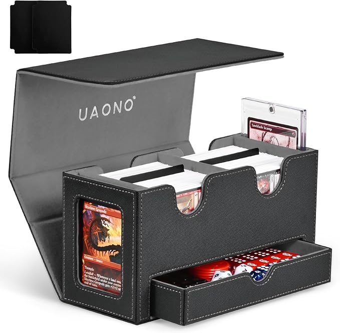 UAONO Card Deck Box for MTG, Double Storage Box with 2 Commander Display & 1 Dice Tray, Fits 200+ Double Sleeved, Organizer for CCG TCG Sports(Black Gray)