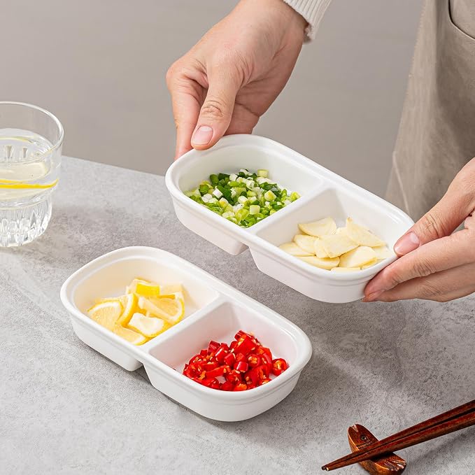 2PCS Ceramic Dishes, Ceramic Dish Stainless Steel Soy Tomato Sauce Salt Vinegar Sugar Spices Flavor Condiment Dip Bowls Korean BBQ Home Kitchen Plates, Two condiment bowls (2 Grids White)