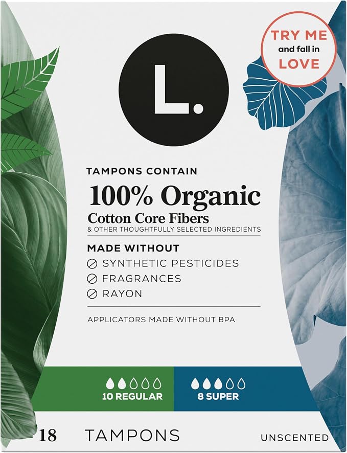 L. Tampons, Made with Organic Cotton, Regular/Super Absorbency, Multipack, Made Without Synthetic Pesticides, Rayon or Fragrances, Applicator Made Without BPA, Leak-Stopping Design, 18 Count