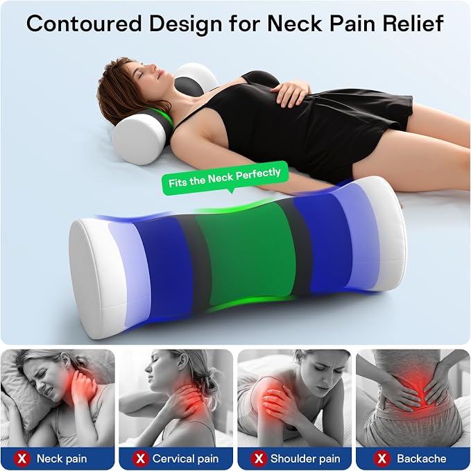 Neck Roll Pillow - Cooling Cover Round Neck Pillow for Sleeping - Memory Foam Cervical Support Pillow - Ergonomic Cylinder Pillows for Neck, Leg, Back, Yoga, Relaxing (Grey White)