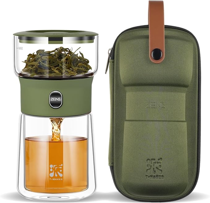 ZENS Modern Glass infuser Teapot, Small One Touch Tea Maker for Loose Tea Diffusers with 200ml Insulated Cup and Army Green Portable Carry Case, Magic Gongfu Tea Pot for Tea Lovers Gifts