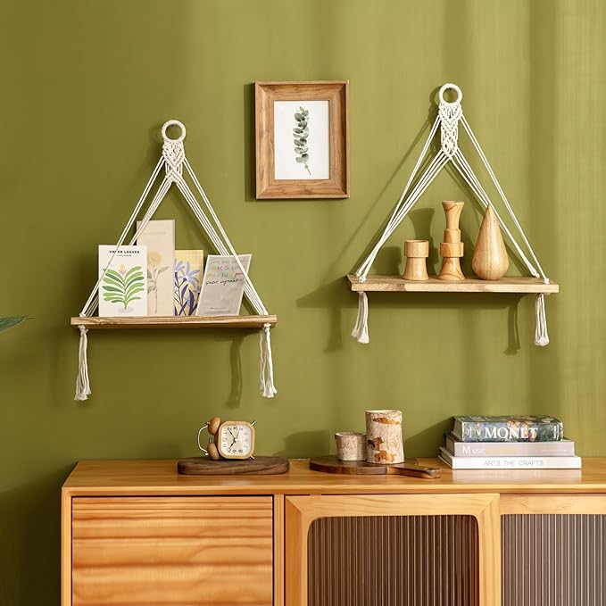 Mkono Macrame Hanging Shelves Boho Wall Decor Set of 2 Floating Wood Shelf | Cute Room Decor for Teen Girls Display Storage Shelves for Hanging Plant Photos Fit Bedroom Bathroom Living Room Nursery Dorm