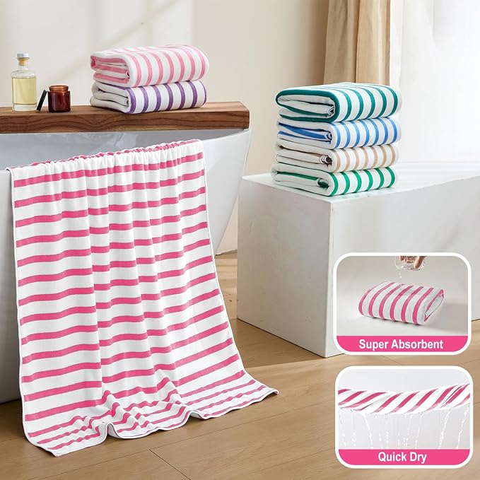 JML Microfiber Beach Towels Set of 6, 27" x 55", Cabana Stripe Pink | Hanging Loop, Soft, Absorbent & Quick Dry, Lint Free, Fade Resistant, for Travel, Summer Party, Swimming, Pool, Yoga, Camping