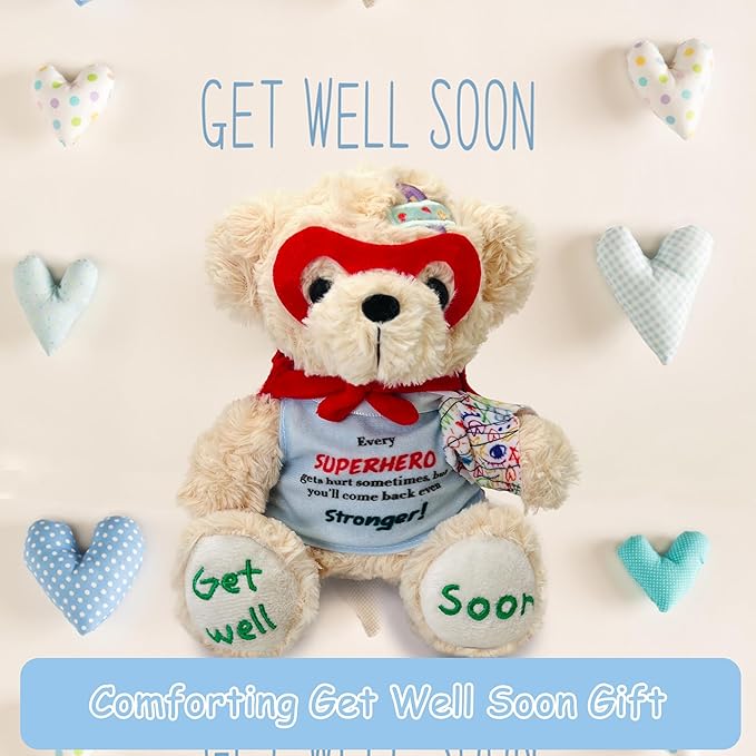 Superhero Get Well Soon Bear - 8" Broken Arm Stuffed Animal with Cape & Mask, Removable Doodle Bandage, Inspirational Gift for Surgery Recovery, Kids, Boys, Girls, Toddlers | Safety Certified Toy