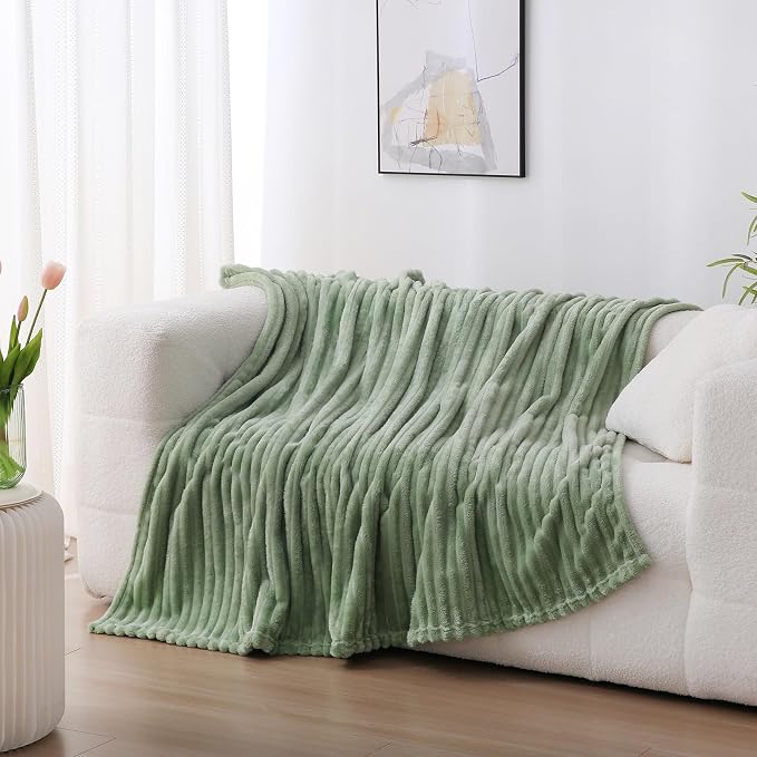 Sage Green Fleece Throw Blanket 50”×70” for Couch Sofa Livingroom | Super Soft Cozy Plush Microfiber Flannel Bed Blanket Striped Design Lightweight Home Decor Gifts for Adults Mom Women