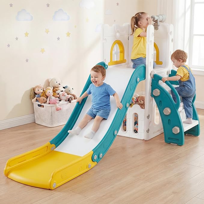 OLAKIDS Toddler Slide, 6 in 1 Kids Indoor Outdoor Playground with Climber Basketball Hoop Telescope Toy Storage for Boys Girls Aged 1+ (Yellow, 27'')