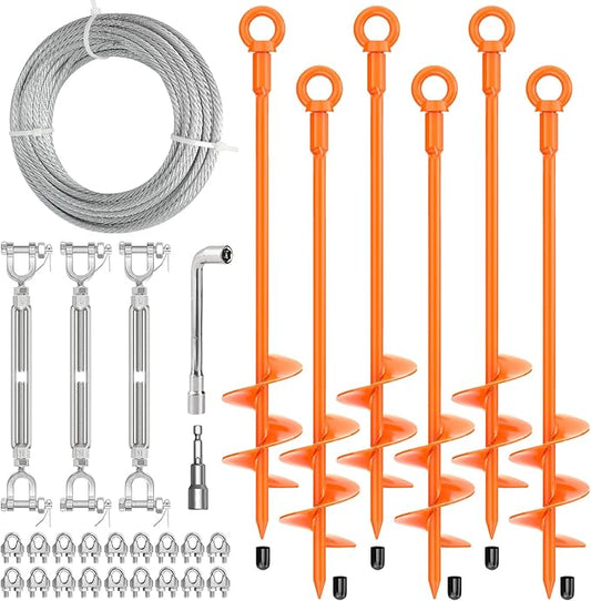 30" Ground Anchors Shed Anchors Kit with 3/16" 75FT Galvanized Cable & M6 304 Stainless Steel Turnbuckles, Heavy Duty Earth Anchors for Sheds Trees Trampoline Greenhouse Swing Set Tent, 6Pack Orange