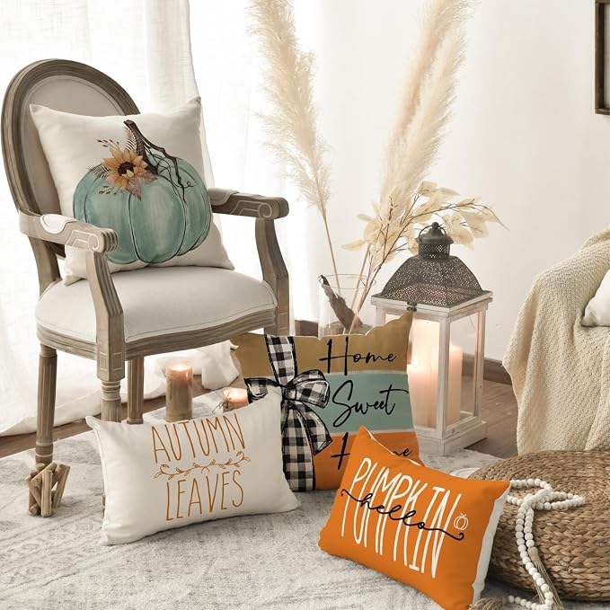 AVOIN colorlife Fall Pumpkin Home Sweet Home Throw Pillow Covers, 16 x 16 Inch Autumn Thankful Grateful Blessed Harvest Floral Decorations for Sofa Couch Set of 4, Blue