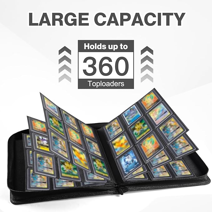 Toploader Binder, Holds 360 Toploader, 100 Toploaders INCLUDED, 9-Pocket PU Cover Top Loader Binder for 3" x 4" Rigid Toploaders, Ringless Double-Sided Toploader Card Binder for TCG, Sport Cards