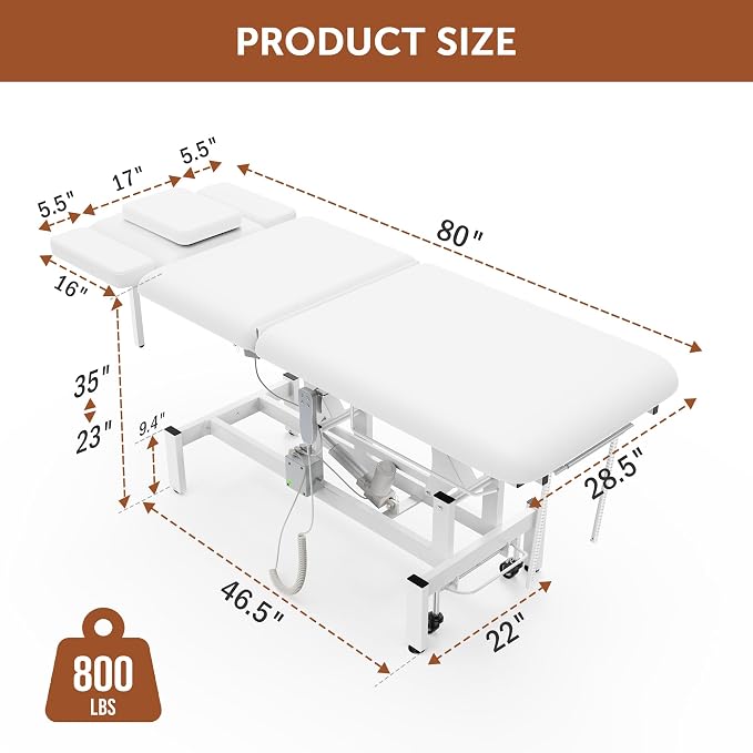 2 Motors Electric Spine Massage Table, Hydraulic Electric Lift Adjustable Waist and Height Lifting Functions for Treatment, Physical Therapy, Spinal Massage, Facial Spa, Waxing, Tattooing - White