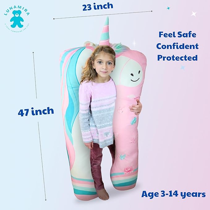 LUNAMIRA Unicorn Kids Body Pillow - 47" U-Shape Long Plush Soft Animal Pillow for Toddlers, Sleeping, Reading, ADHD & Special Needs Comfort, Anxiety, Washable Cover, Snuggle Cuddle for Boys & Girls