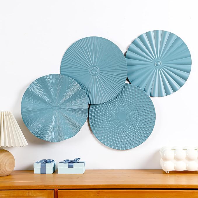 Hicarer 4 Pcs 12 Inch Blue Metal Wall Art Decor Modern Sunburst Hanging Artwork Decor Wall Decorations for Home Bedroom Bathroom Living Room Office Sculpture