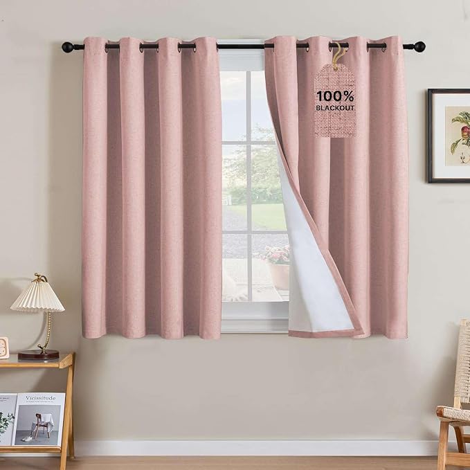 H.VERSAILTEX Linen Curtains 100% Blackout Curtains for Bedroom 45 inch Long Full Light Blocking Nature Linen Blended Window Curtains for Living Room Nickel Grommet (2 Panels, Heathered Baby Pink)