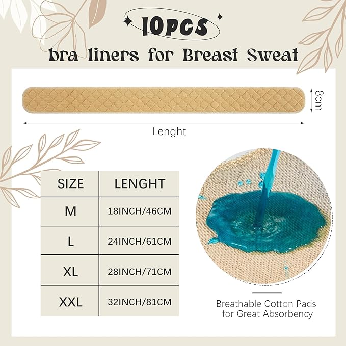 Toulite 10 Pcs Reusable Bra Liners for Sweat, 3 Layer Bra Sweat Pads, Soft Cotton Outer Layer with Polyester Fiber Core