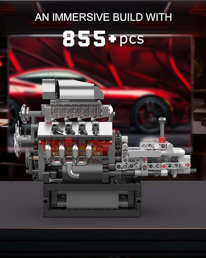 Mould King 10225 V8 Engine Model kit That Runs- Build Your Own STEM V8 Model Engine with Transmission, 8-Cylinder Car Engine kit Building Engineering Toys for Adults Collections (855+PCS)