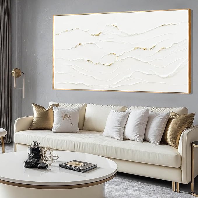 Framed White Gold Abstract Wave Canvas Wall Art for Living Room 24x48 Inch