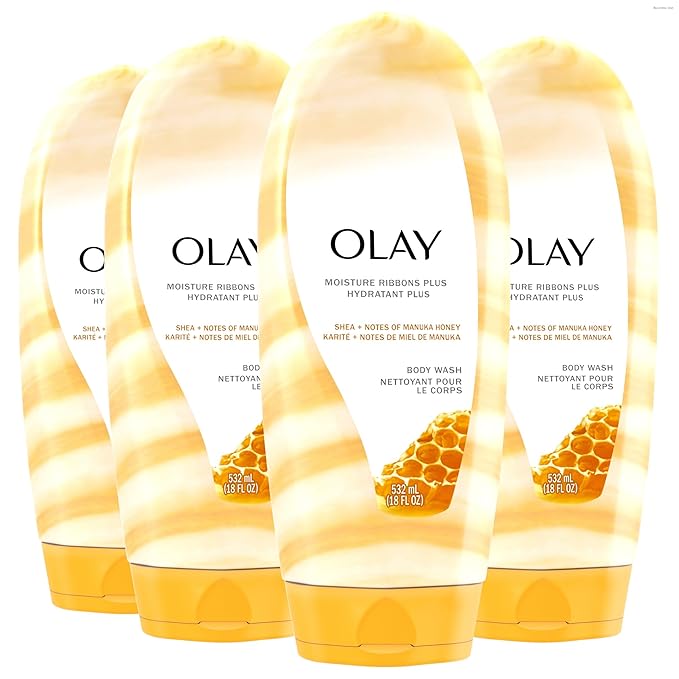 Olay Body Wash for Women, Moisture Ribbons Plus, Deep Conditioning & Moisturizing Formula, Long Lasting Smooth Soft Skin, For All Skin Types, Shea Butter & Manuka Honey Scent, 18 fl oz (Pack of 4)
