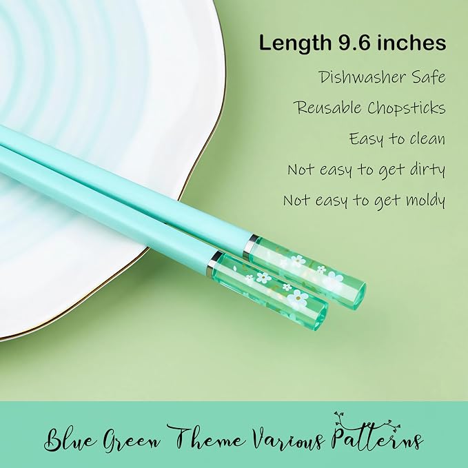 5 Pairs Blue Green Fiberglass Chopsticks Reusable Chopsticks Japanese Korean Chinese Non-Slip Chopsticks Dishwasher Safe, 9.6 Inches Long