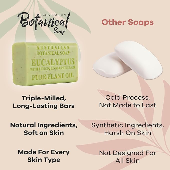 Australian Botanical Soap Eucalyptus with Lemon, Lime & Petitgrain – Triple Milled 6.6 oz Bar Soap with Shea Butter, Face Hand & Body Soap Bars, 4 Pack
