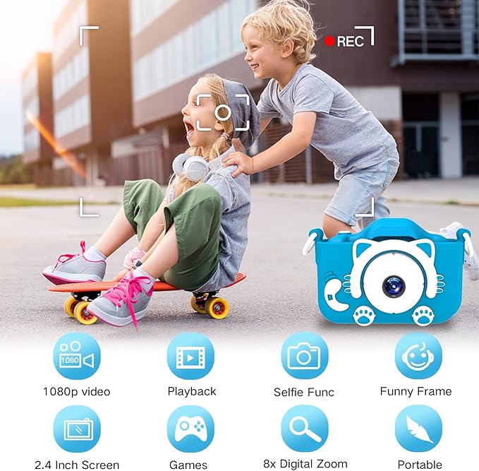 Goopow Kids Camera Toys for 3-8 Year Old Girls Boys,Children Digital Video Camcorder Camera with Cartoon Soft Cover, Best Chritmas Birthday Festival Gift for Kids - 32G SD Card Included