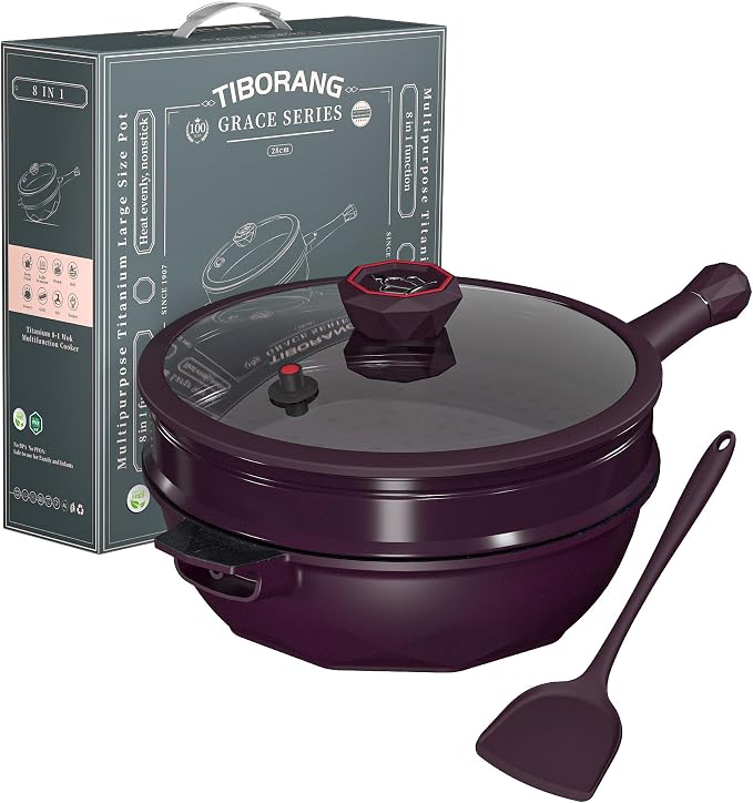 TIBORANG 11 Inch Nonstick Frying Pan with Lid,8-in-1 Multipurpose Cookware | 5 Qt Deep Sauté Pan Skillet with Steamer, Dishwasher & Oven Safe, Induction Compatible, Stay-Cool Handle, Midnight Purple