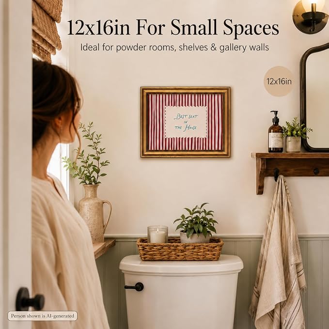 Funny Bathroom Wall Art, Vintage Gold Framed Best Seat in the House, 16x24 | Red striped canvas with Best Seat in the House quote, rustic farmhouse decor for bathroom, living room, bedroom or entryway