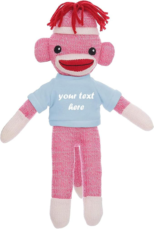 Huggable Pink Sock Monkey 8 Inch Plush Stuffed Animal Personalized Gift - Custom Text on Shirt - Perfect for Halloween Day Valentine's Day Graduation Day Birthday Present (Powder)