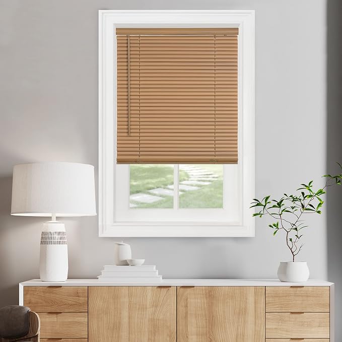 Cordless Light Filtering Mini Blind - 36 Inch Width, 72 Inch Length, 1" Slat Size - Woodtone - Cordless GII Morningstar Horizontal Windows Blinds for Interior by Achim Home Decor