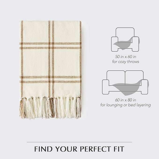 Plaid Chenille Knit Throw Blanket, 50"x60", Cream & Beige | Soft Knitted Throw with Tassels, Cozy, Lightweight, Windowpane Grid Plaid, Decorative Farmhouse Throw for Couch Bed Sofa Gift