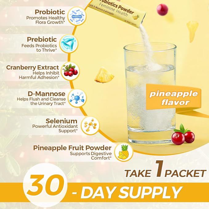 ZEBORA Probiotics for Women, Vaginal Probiotic Powder with 50 Billion CFU 16 Strain, Prebiotics, D-Mannose & Cranberry for Urinary Health, Digestive & Immune Support, Pineapple Flavor, 30 Packets