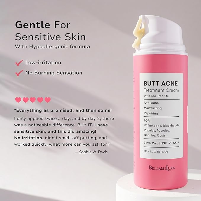 BellamiLuxx Butt Acne Clearing Treatment Cream: Body Acne Treatment for Folliculitis and Pimples on Buttocks, Thighs, and Body with 2% Salicylic Acid & Tea Tree Oil - Butt Cream for Smooth Skin