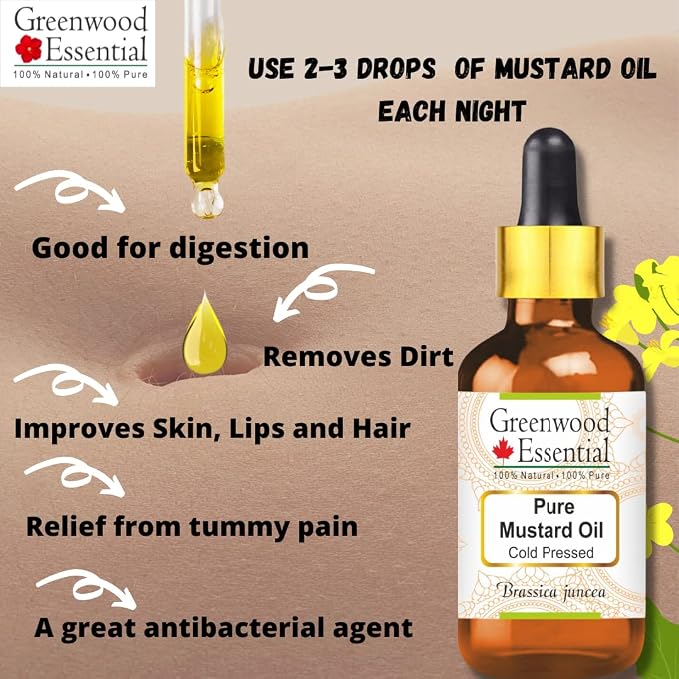 Greenwood Essential Mustard Oil (Brassica juncea) with Glass Dropper | Cold Pressed | Natural | Undiluted | for Diluting Essential Oils | for Skin & Massage | Men & Women | 50ml (1.69 oz)