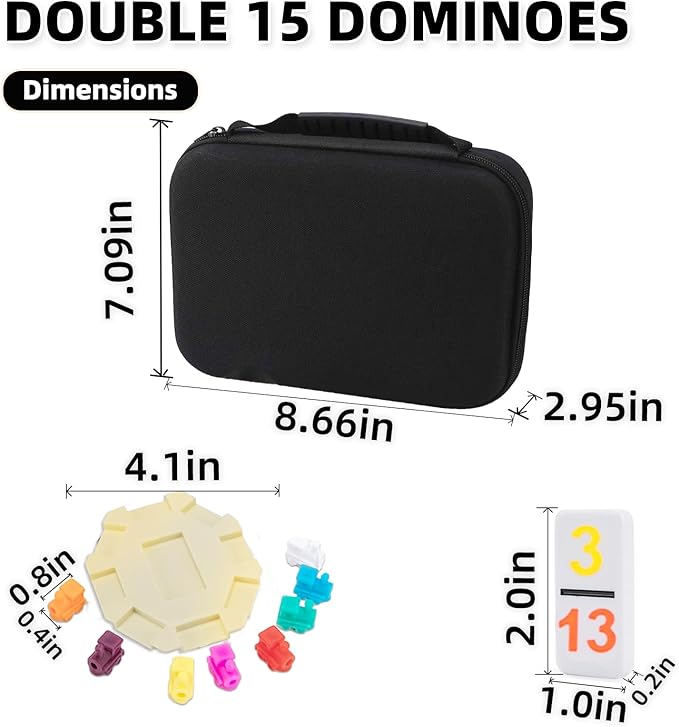 Mexican Train Dominoes Double 15 Set, 136 Colored Number Tiles with Lightweight EVA Case, Family and Adult Strategy Board Game for Travel