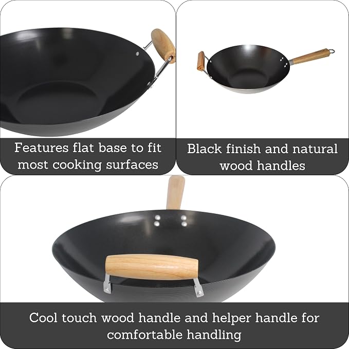 IMUSA 14 Inch Carbon Steel Nonstick Wok with Wood Handles, Black | Heats Quickly, Great for Healthy Family Meals