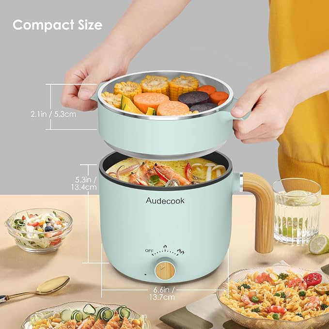 Audecook Hot Pot Electric with Steamer, 1.5L Portable Nonstick Rapid Noodles Cooker, Travel Electric Skillet with Dual Power Control for Ramen/Pasta/Soup/Steak/Egg/Oatmeal (Green)