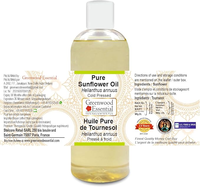 Greenwood Essential Pure Sunflower Oil (Helianthus annuus) Cold Pressed 200ml (6.76 oz)