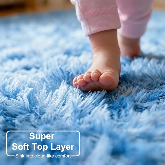 Amdrebio Tie-Dyed Light Blue Shaggy Kids Area Rug 4x6 for Girls Bedroom | Fluffy Shag Fuzzy Soft Carpet, Classroom Playroom Baby Nursery Toddler Room Decor, Coastal Aesthetic Ocean Beach Sky, Kawaii