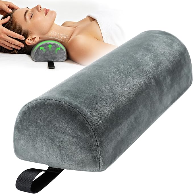 Half Round Neck Bolster for Massage Table, 17 x 6 x 4 in Velvet Half Moon Pillow for Sleeping Pain Relief Massage Table Leg Pillow w/Strap Handle, Machine Washable Knee Bolster for Massage Bed - Gray