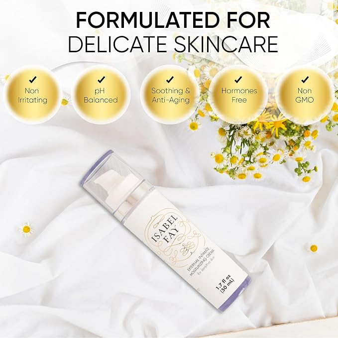 Isabel Fay Anti-itch Vaginal Moisturizer for sensitive skin. Non irritating. No hormones. Prevents and relieves dryness itching, pinching and burning.