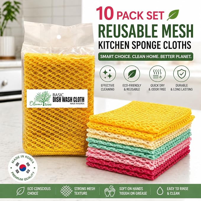 OliviaTree Dish Scrubber 10 Pack, Non Scratch Reusable Mesh Scrub Cloth for Dishes Pots Pans Sink, Quick Dry Odor Resistant Sponge Alternative, Korean Kitchen Cleaning Pad 11x11 Inch