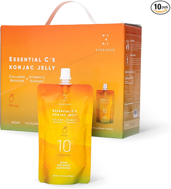EVERYDAZE Essential C’s Konjac Jelly | Mango | Plant-Based Collagen Booster, Gluten Free, Sugar Free, Low Calorie | Healthy Drinkable Fruit Snack | 10 Pack Box Food Drink Pouch