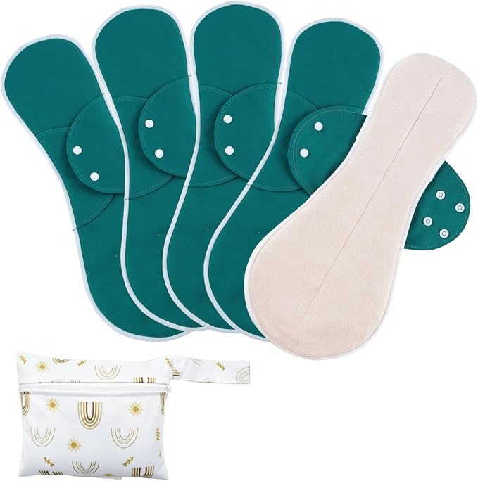 Pure Cotton Mesh Pads Sanitary Napkins,Washable Menstrual Pads,Reusable Incontinence Pads,with 1 Storage Bag,Panty Liners Pads Period for Women/Incontinence Patients.(Dark Green/XXL/5pcs)