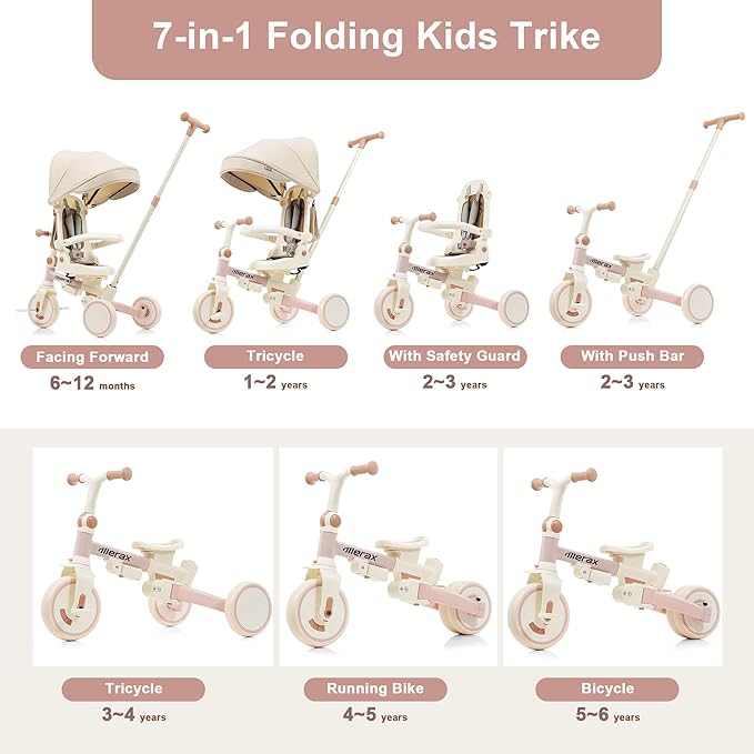 7 in 1 Baby Tricycle Toddler Trike Collapsible Frame Lightweight Kid Rider with Removable Pedal Ages 1Y-6Y