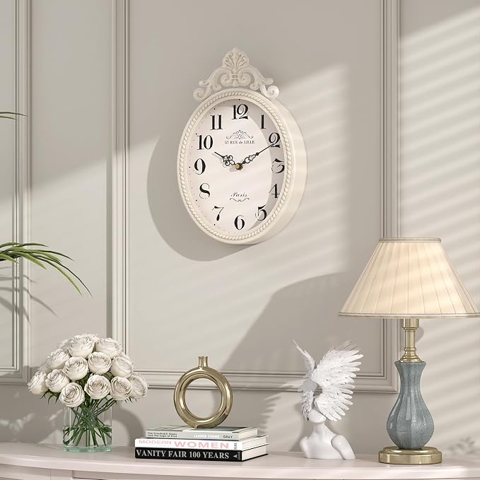Abdurey Small French Retro Decor Wall Clock, Ivory White Vintage Oval Style | Silent Battery Operated Boho Decorative Wall Clocks for Farmhouse,Kitchen,Bedroom,Bathroom(10.4"H x 6.7"W)